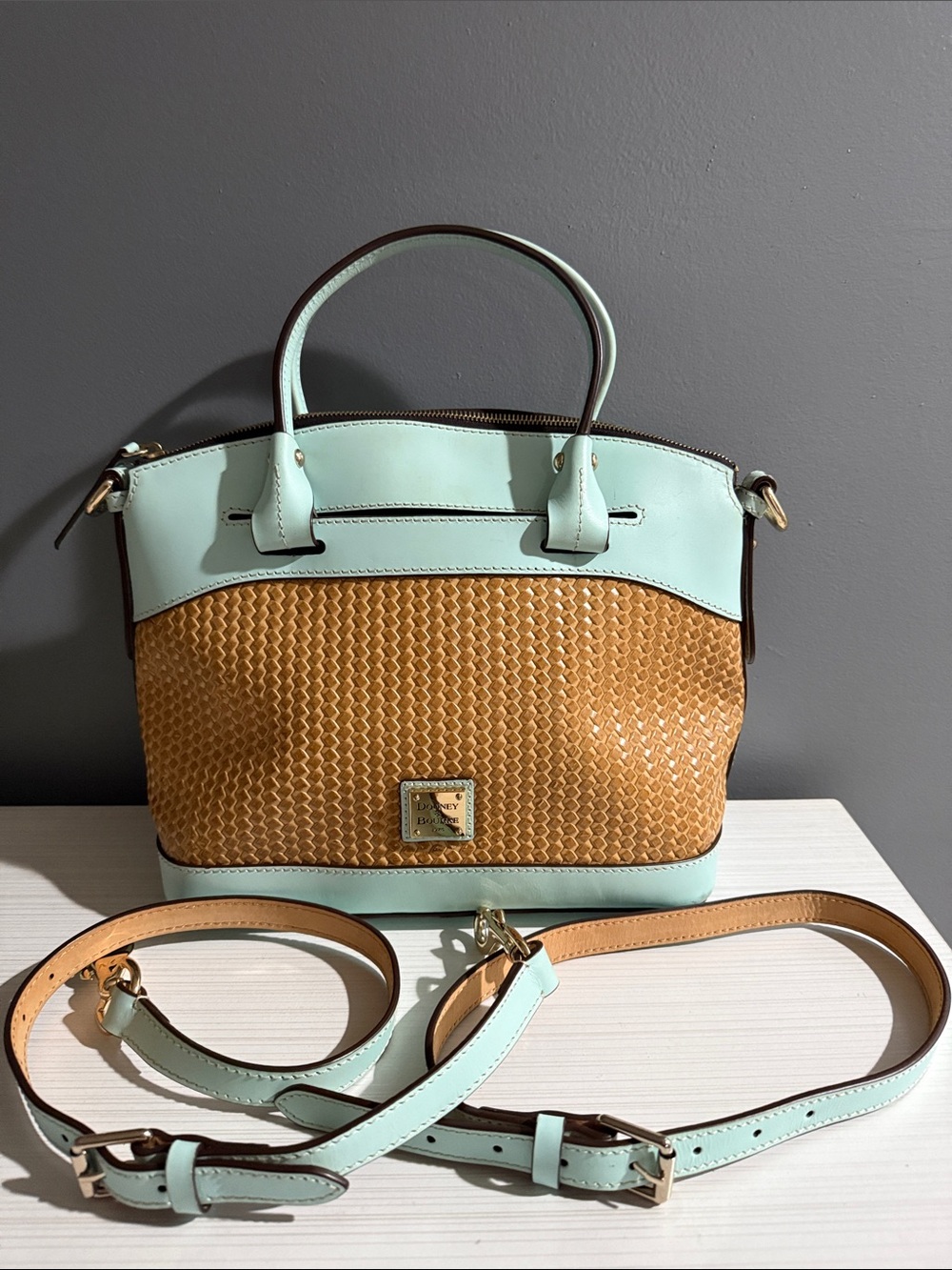 Dooney & Bourke Beacon Woven Domed Satchel in a pale blue/aqua and tan $295 - Picture 2 of 12
